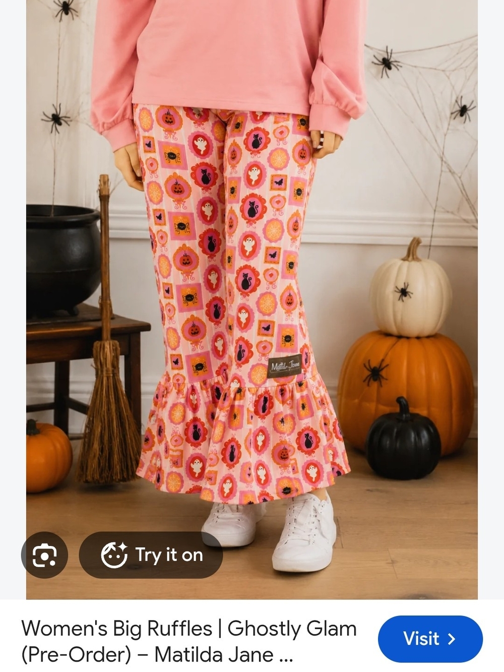 Matilda Jane Ghostly Glam Pink Ghost & Pumpkin Ruffle Bell Bottoms. Halloween. S